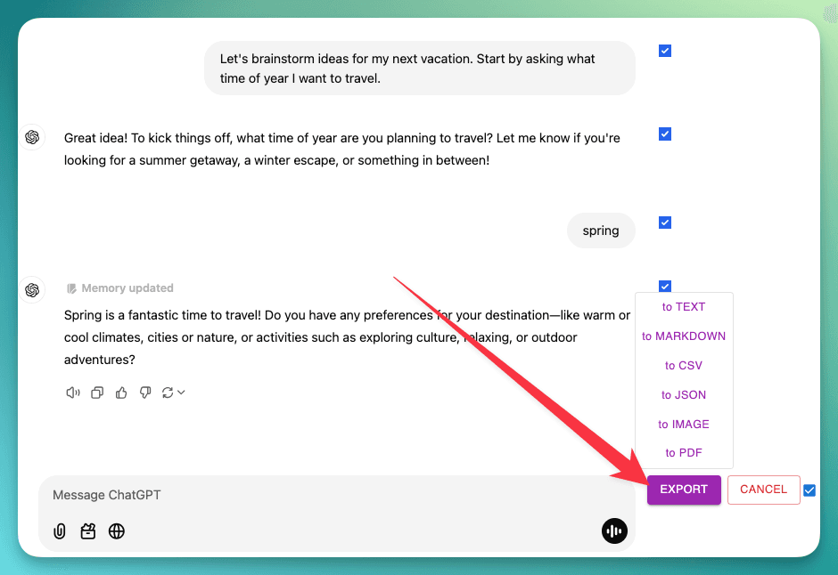 click export button to choose format to export